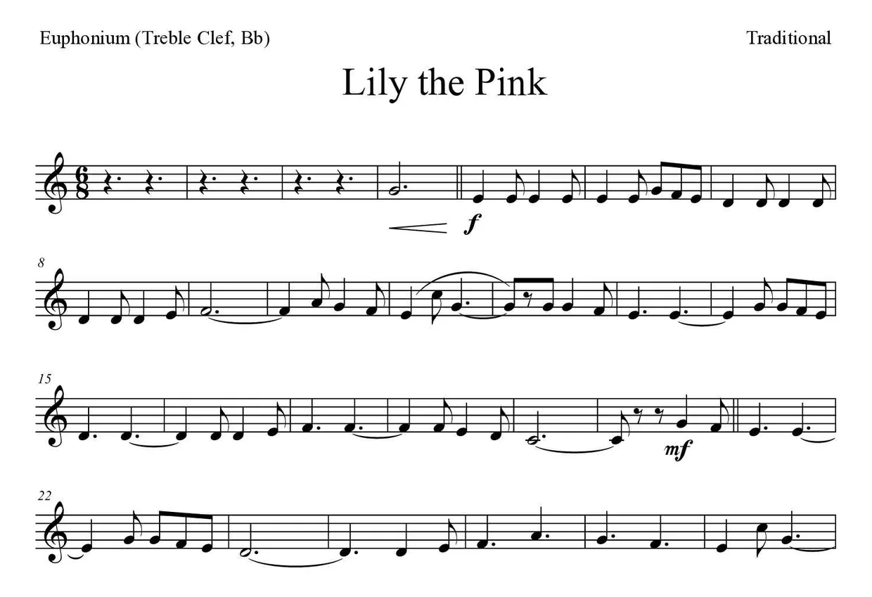 「Lily the Pink」Euphonium (Treble Clef, Bb)用楽譜の最初の数段
