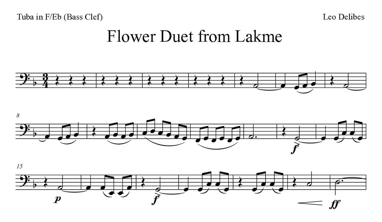 Spartito di Flower Duet from Lakme per tuba in F/Eb (bass clef), prime righe