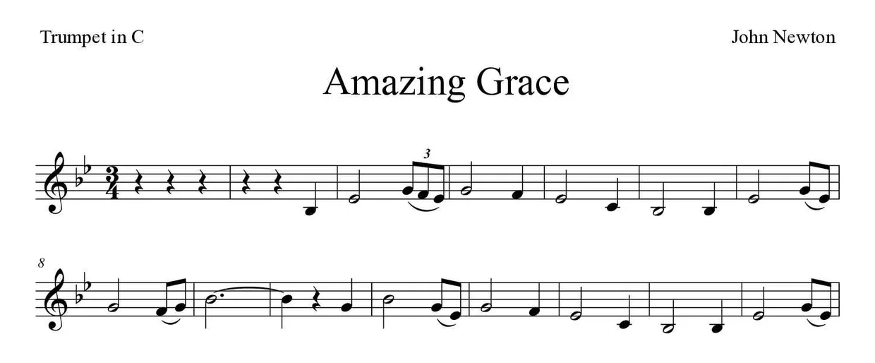 Noten von Amazing Grace für Trompete in C (Mittel), erste Zeilen