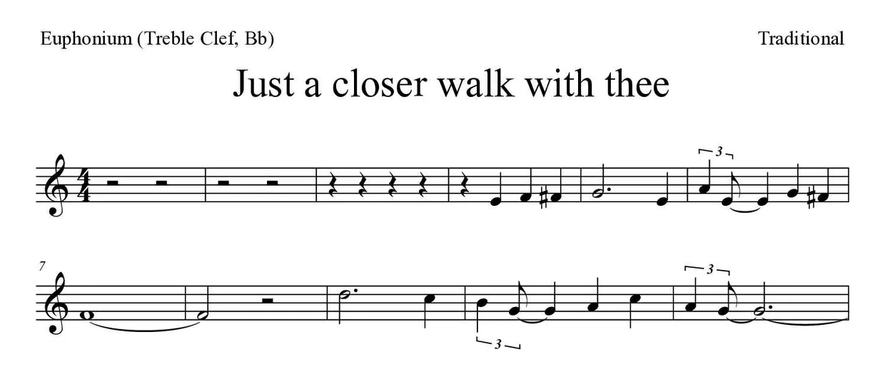 ‘Just a closer walk with thee’ Euphonium (Treble Clef, Bb) 악보의 첫 몇 줄