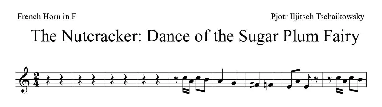 「The Nutcracker: Dance of the Sugar Plum Fairy」French Horn用楽譜の最初の数段