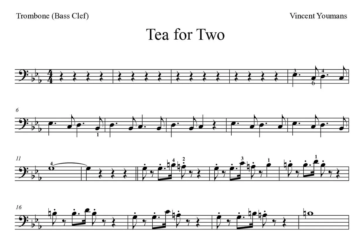 Partitura de Tea for Two para trombón, primeras líneas