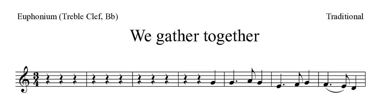Partitura de We gather together para bombardino (clave de Sol, Sib), primeras líneas
