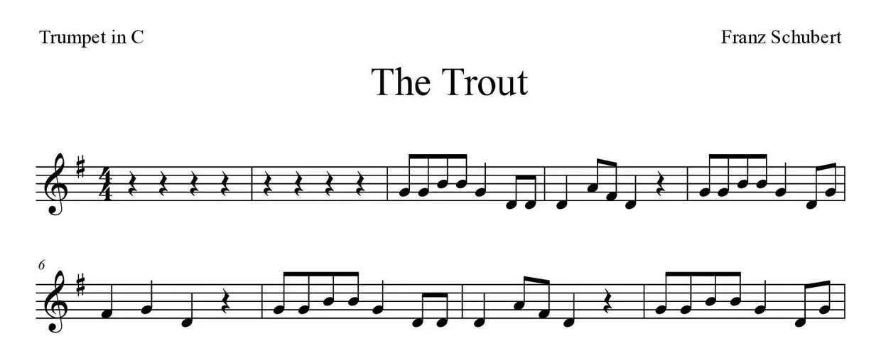 「The Trout」Trumpet in C用楽譜の最初の数段