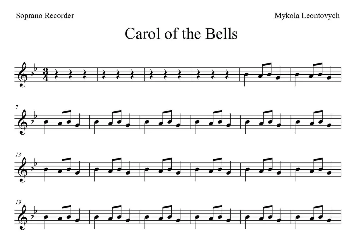 Partition de Carol of the Bells pour flûte à bec, premières lignes