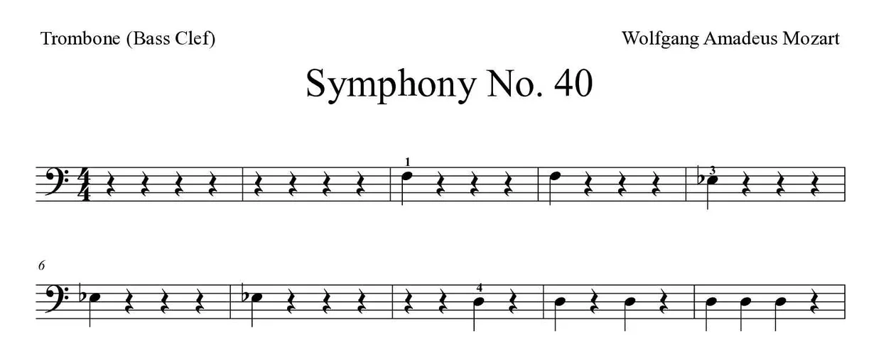 Partitura de Symphony No. 40 para trombone, primeiras linhas