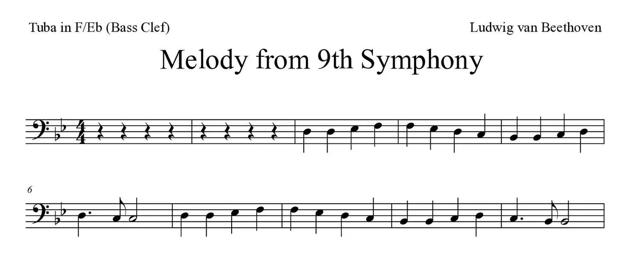 「Melody from 9th Symphony」Tuba in F/Eb (Bass Clef)用楽譜の最初の数段