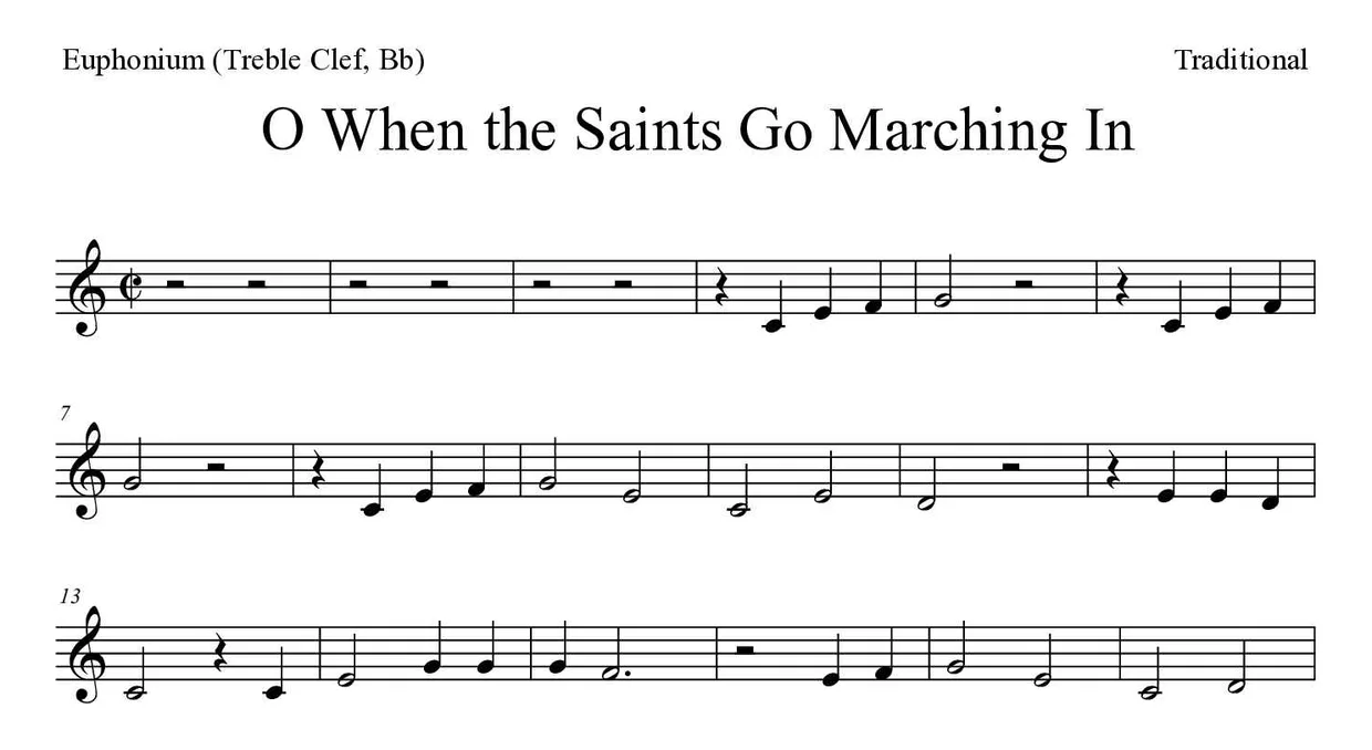 《O When the Saints Go Marching In》上低音号（高音谱号，降B调）乐谱前几行