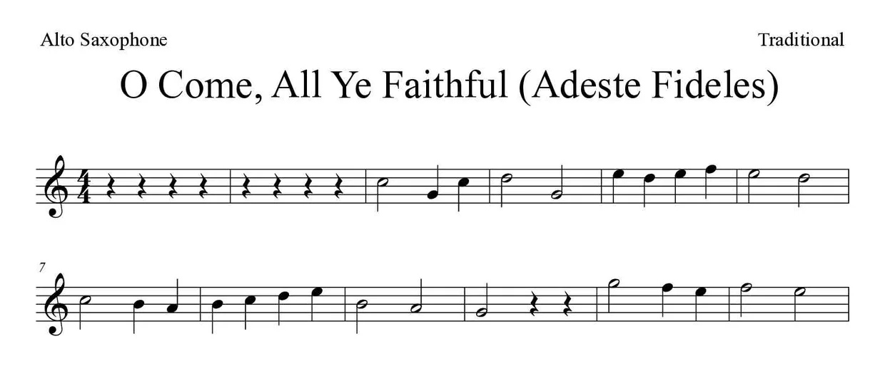 ‘O Come, All Ye Faithful (Adeste Fideles)’ Alto Saxophone 악보의 첫 몇 줄