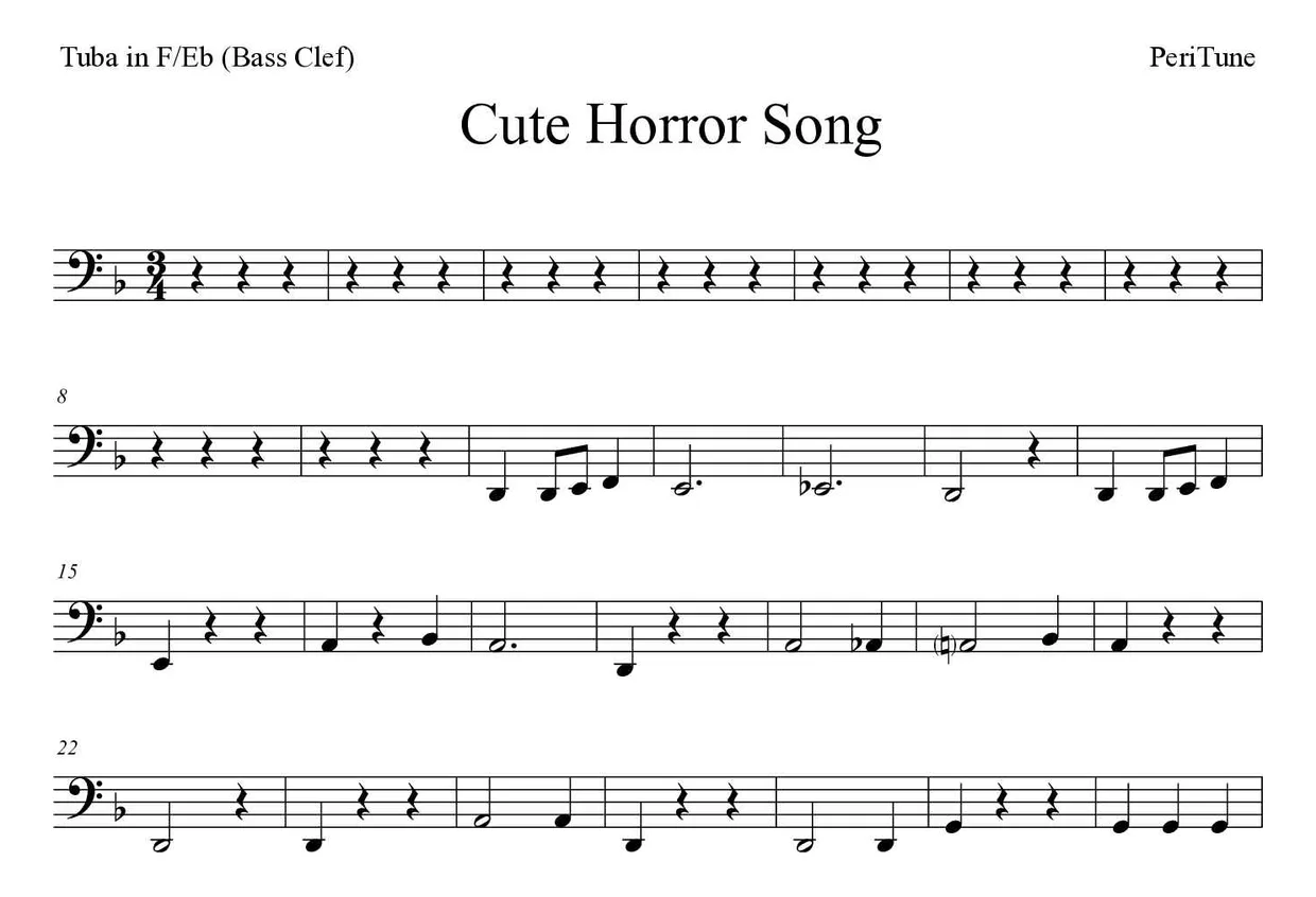Partitura de Cute Horror Song para tuba en Fa/Mib (clave de Fa), primeras líneas
