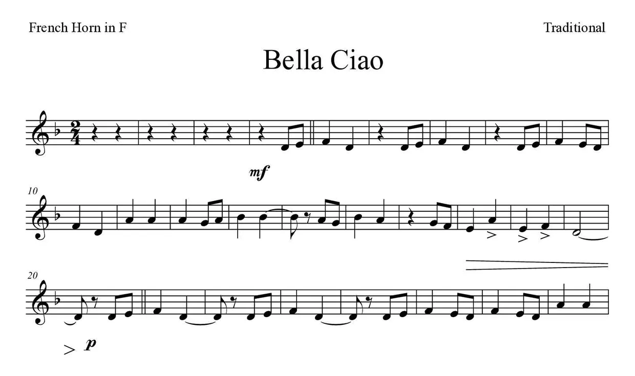 Partition de Bella Ciao pour cor d'harmonie, premières lignes