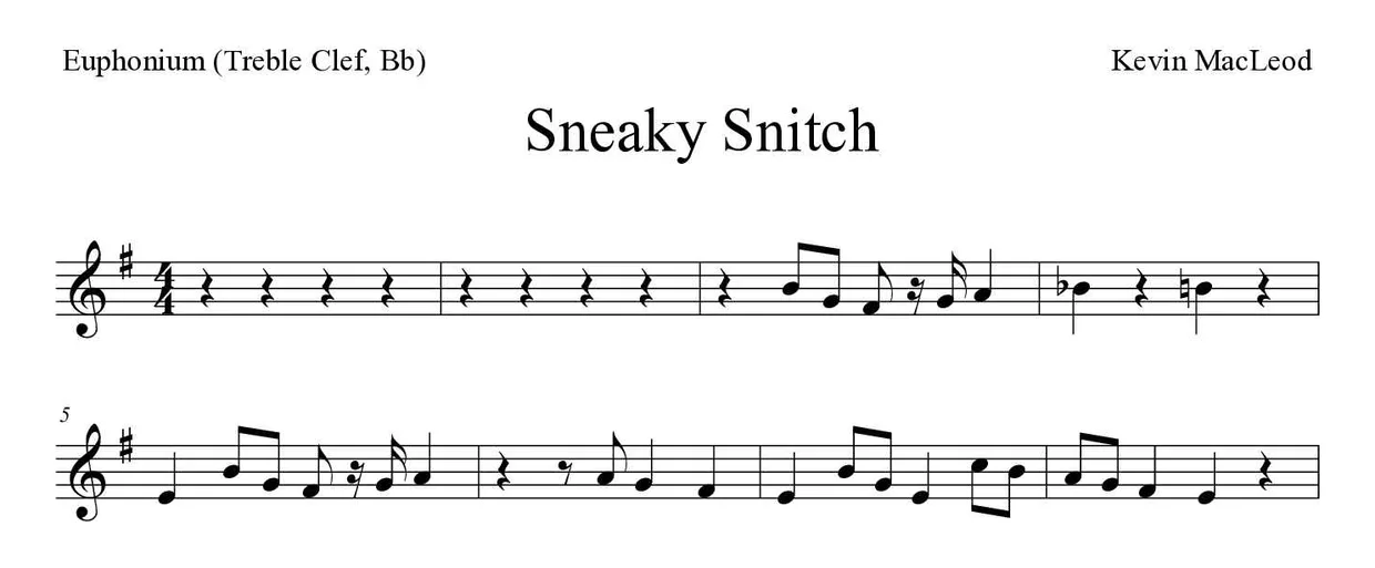 Partition de Sneaky Snitch pour euphonium (clé de sol, si bémol), premières lignes