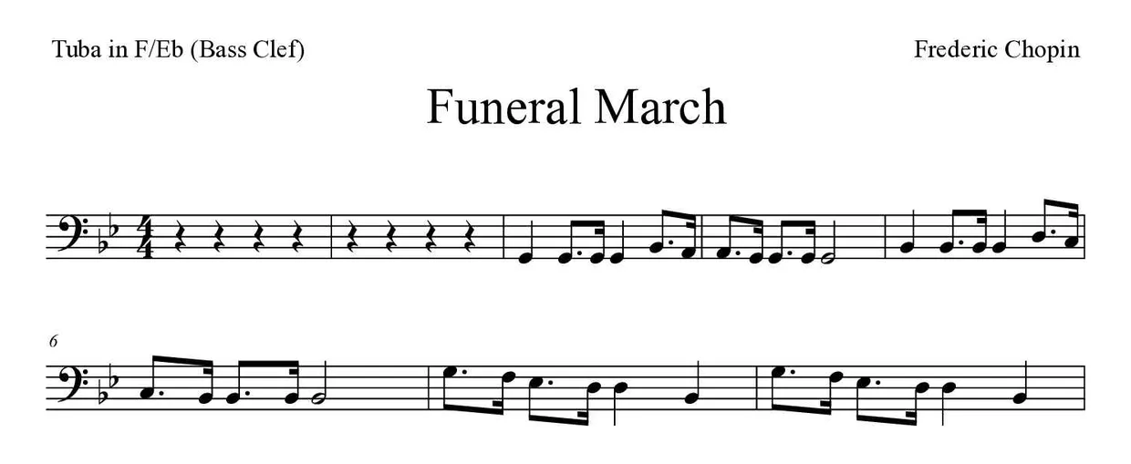Partitura de Funeral March para tuba en Fa/Mib (clave de Fa), primeras líneas