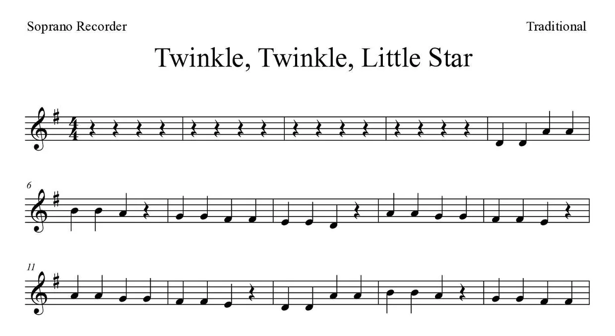Noten von Twinkle, Twinkle, Little Star für Blockflöte (Einfach), erste Zeilen