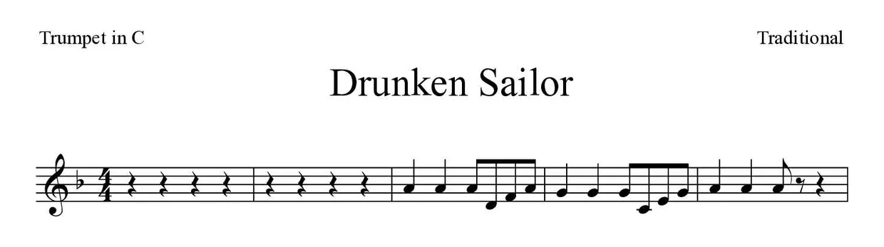 Sheet music of Drunken Sailor for trumpet in C (Easy), first lines