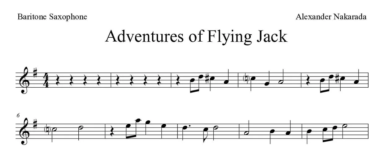 ‘Adventures of Flying Jack’ Baritone Saxophone 악보의 첫 몇 줄