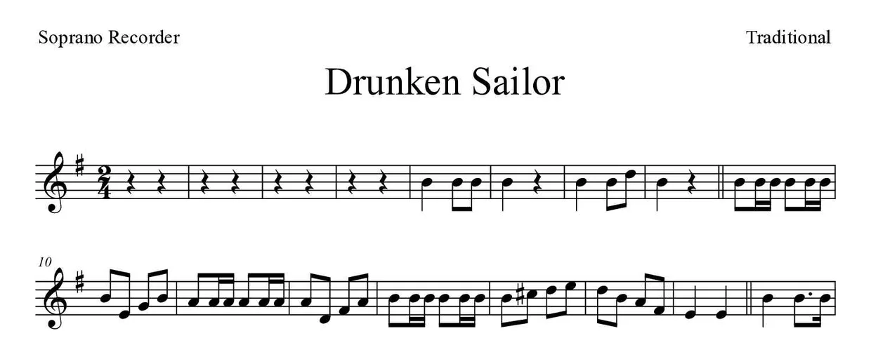 Partitura de Drunken Sailor para flauta de bisel, primeiras linhas