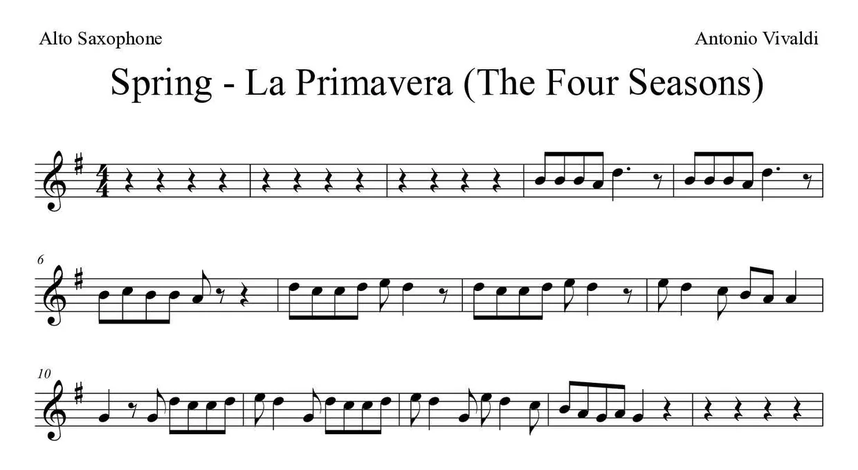 Partitura de Spring - La Primavera (The Four Seasons) para alto saxofone, primeiras linhas