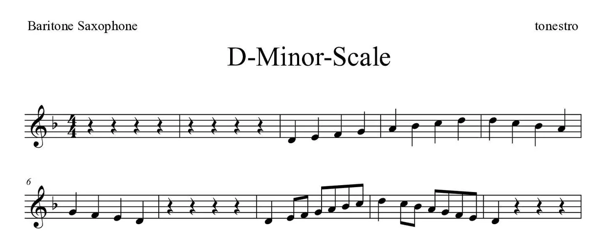 Noten von D-Moll-Tonleiter für Baritonsaxophon (Einfach), erste Zeilen