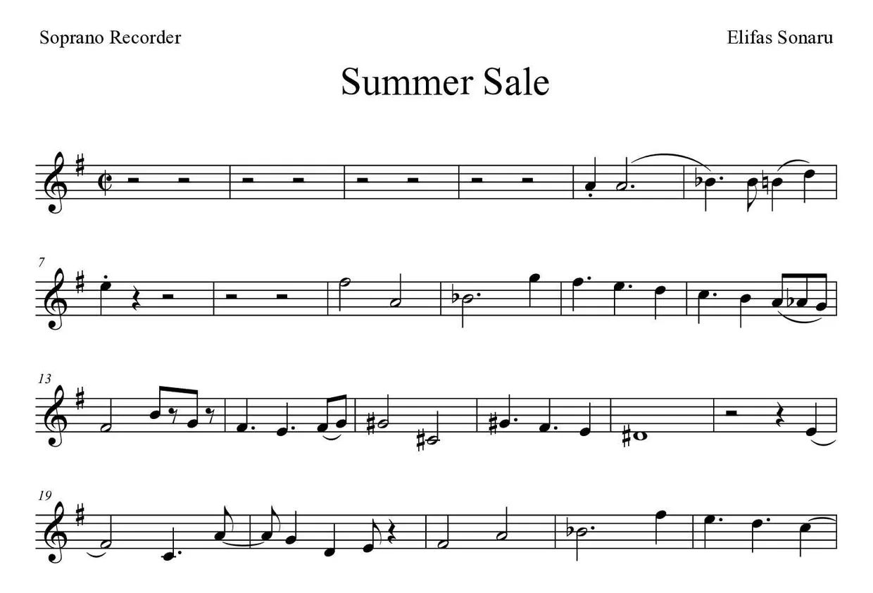 「Summer Sale」Recorder用楽譜の最初の数段