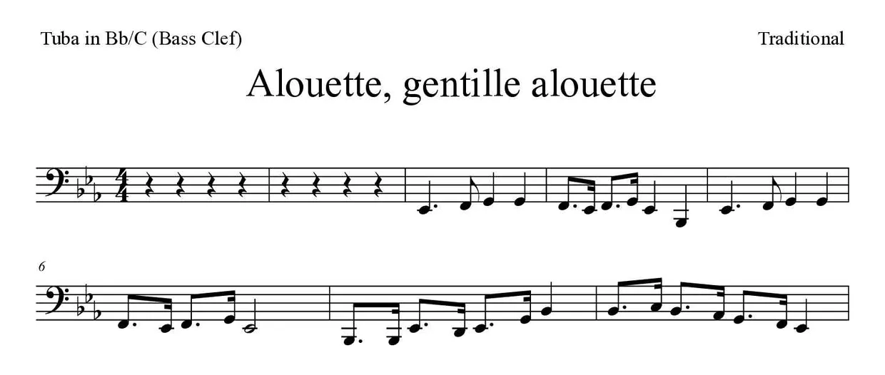 「Alouette, gentille alouette」Tuba in Bb/C (Bass Clef)用楽譜の最初の数段