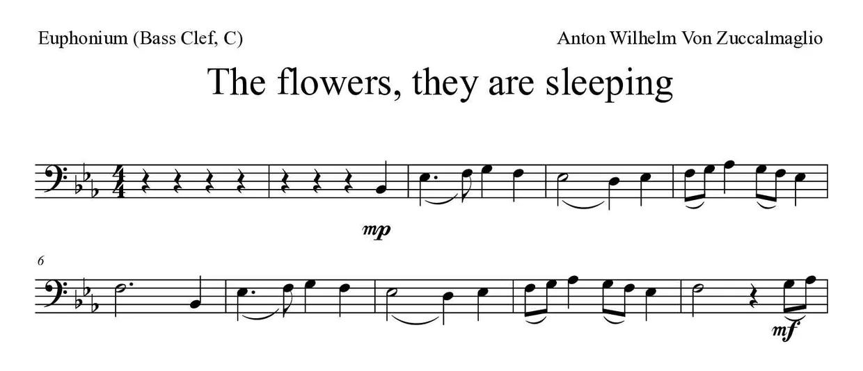 ‘The flowers, they are sleeping’ Euphonium (Bass Clef, C) 악보의 첫 몇 줄