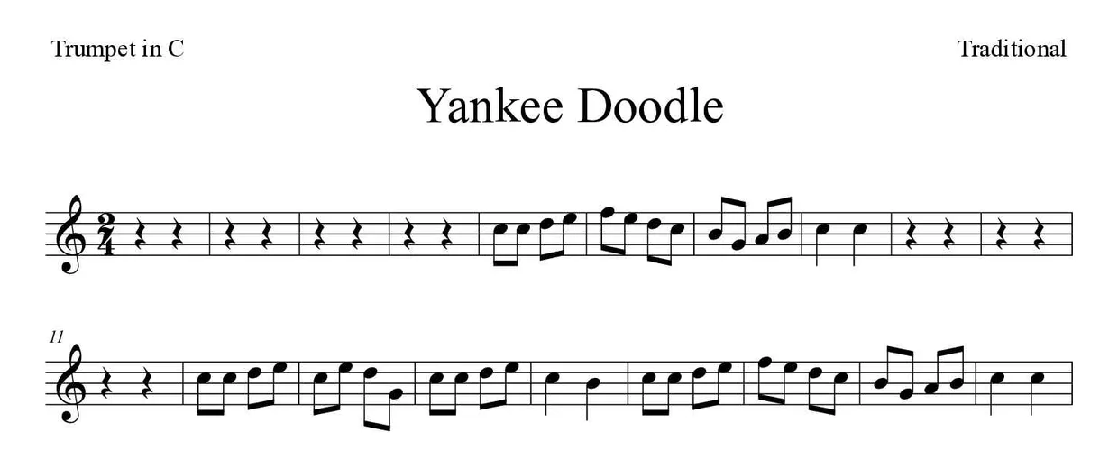 Partitura de Yankee Doodle para trompeta en Do, primeras líneas