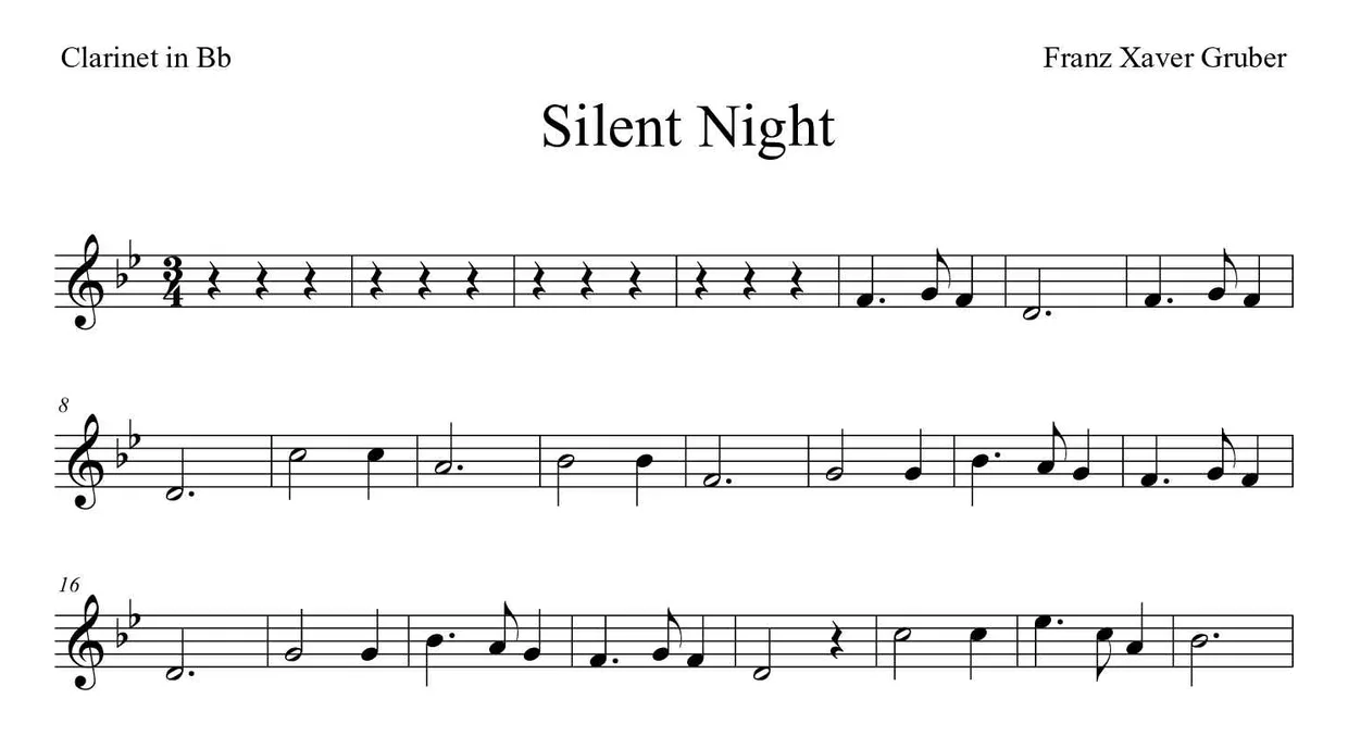 Sheet music of Silent Night for clarinet (Medium), first lines