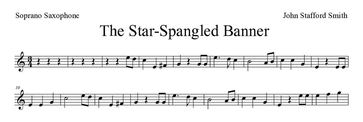 Sheet music of The Star-Spangled Banner for soprano saxophone (Easy), first lines