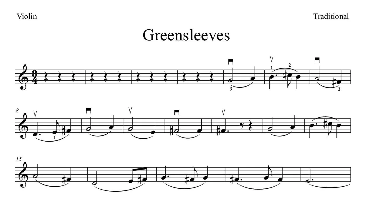 Sheet music of Greensleeves  for violin (Medium), first lines