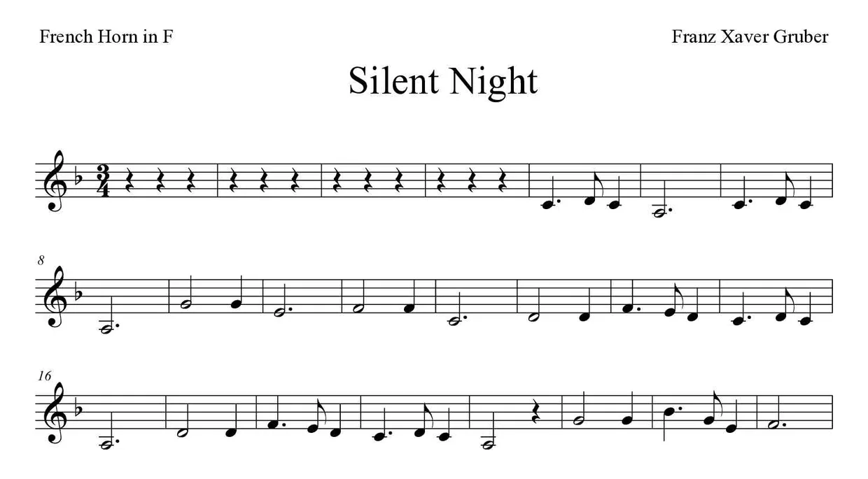 「Silent Night」French Horn用楽譜の最初の数段
