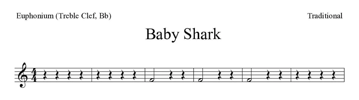 Partitura de Baby Shark para bombardino (clave de Sol, Sib), primeras líneas