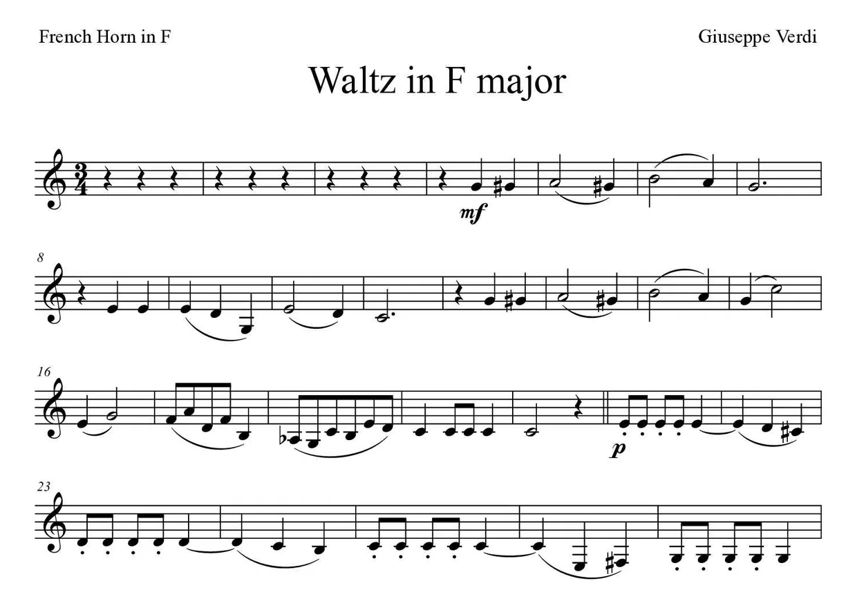 Partitura de Waltz in F major para trompa, primeras líneas