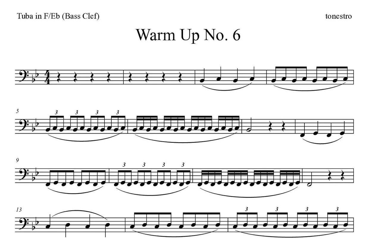 Spartito di Warm Up No. 6 per tuba in F/Eb (bass clef), prime righe