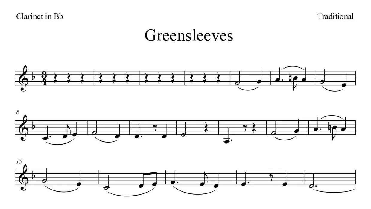 Spartito di Greensleeves per clarinet, prime righe