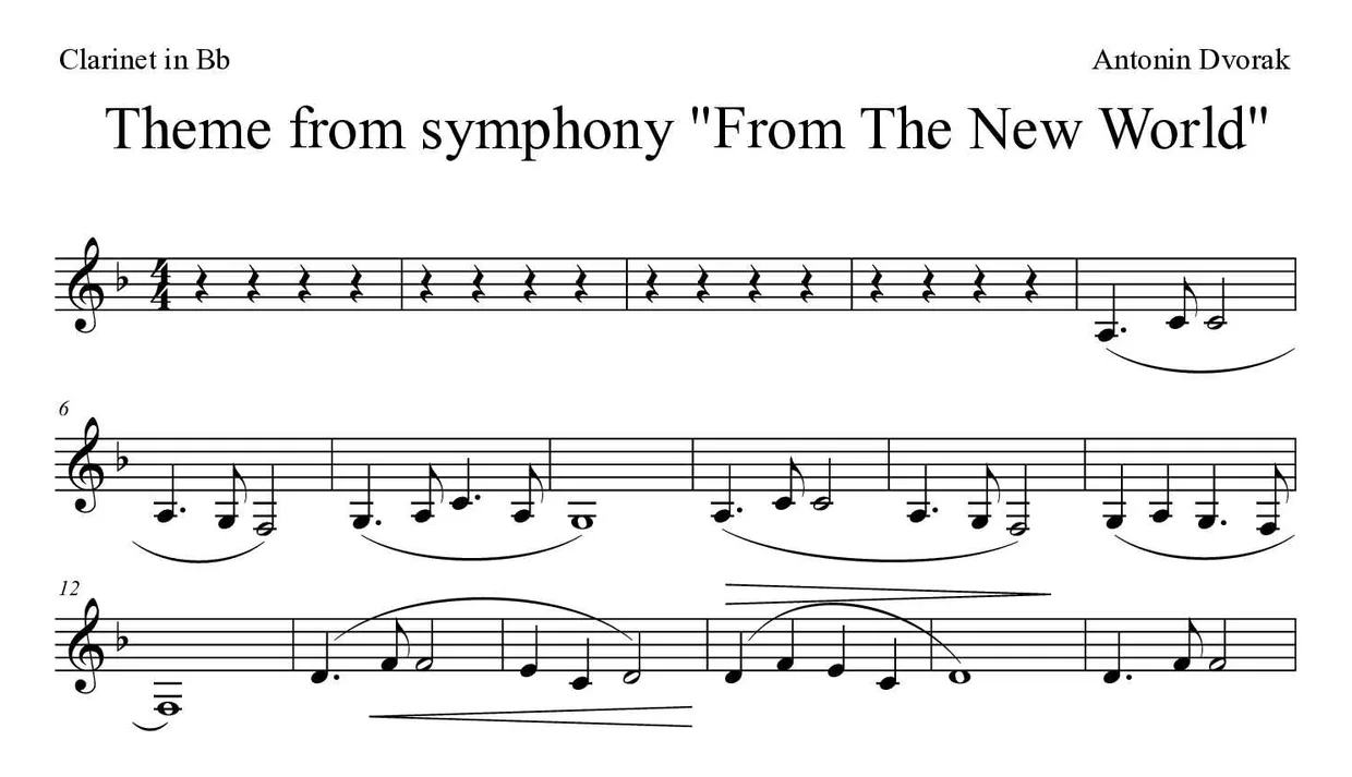 Partition de Theme from symphony "From The New World" pour clarinette, premières lignes