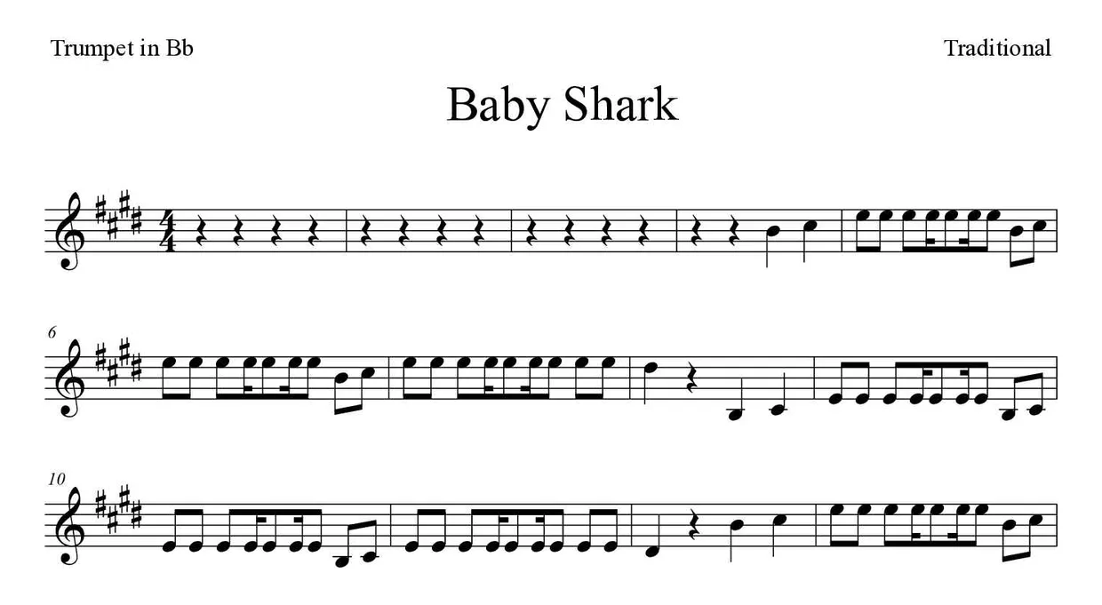 「Baby Shark」Trumpet in Bb用楽譜の最初の数段
