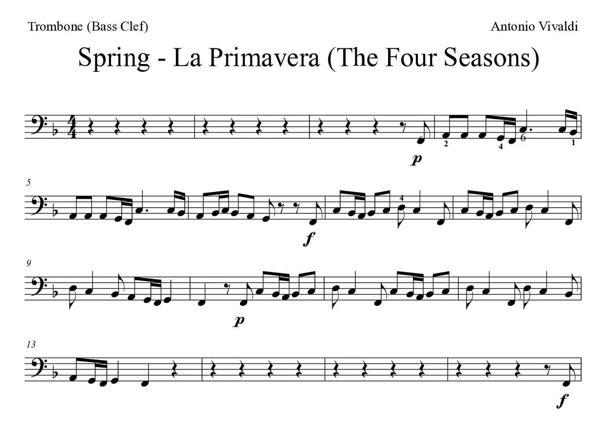 「Spring - La Primavera (The Four Seasons)」Trombone用楽譜の最初の数段