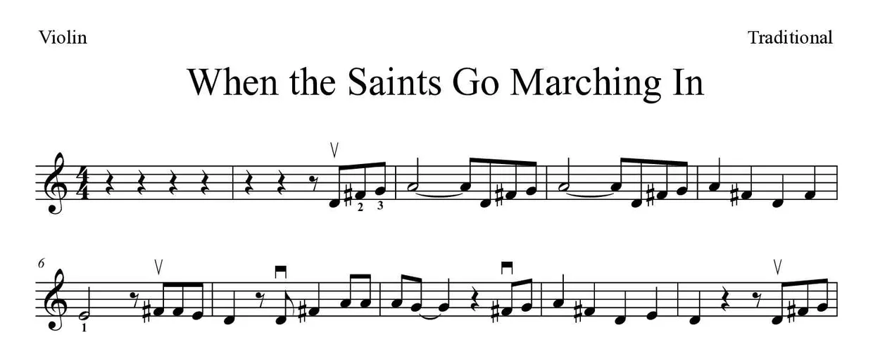 《When the Saints Go Marching In》小提琴乐谱前几行