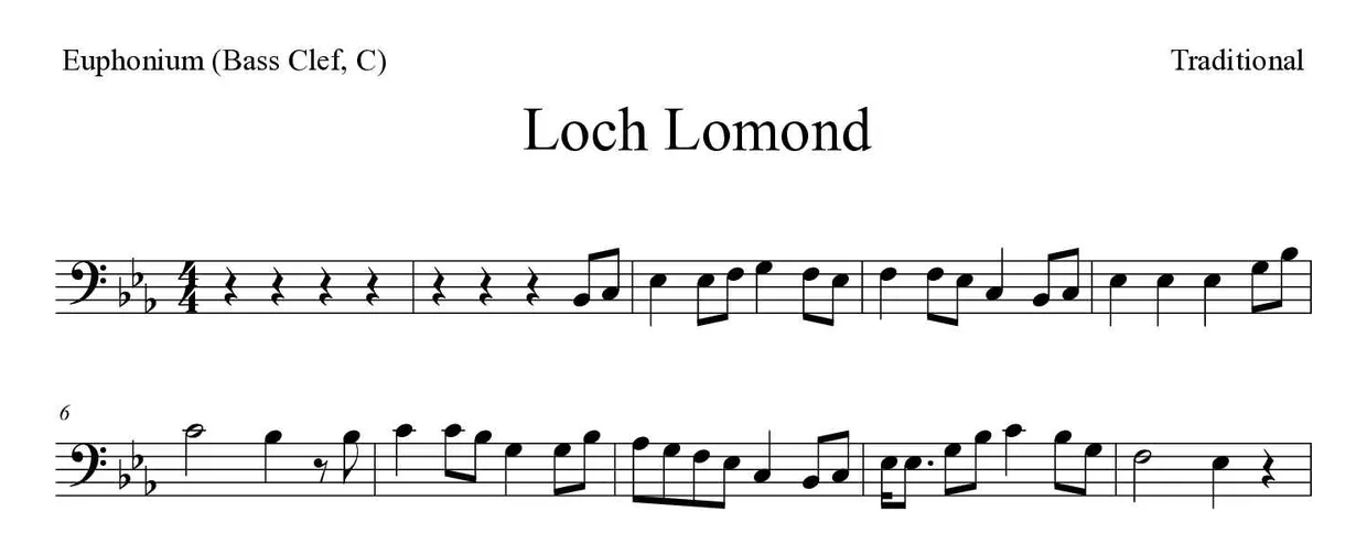 Partitura de Loch Lomond para bombardino (clave de Fa, C), primeras líneas