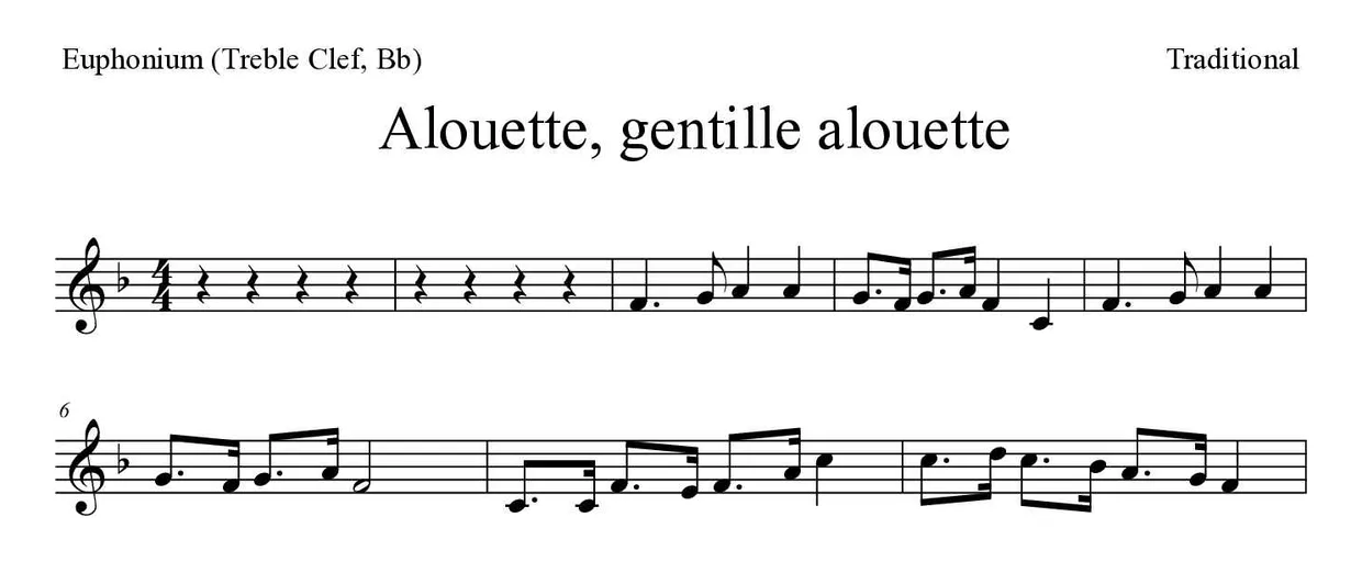 Partitura de Alouette, gentille alouette para bombardino (clave de Sol, Sib), primeras líneas