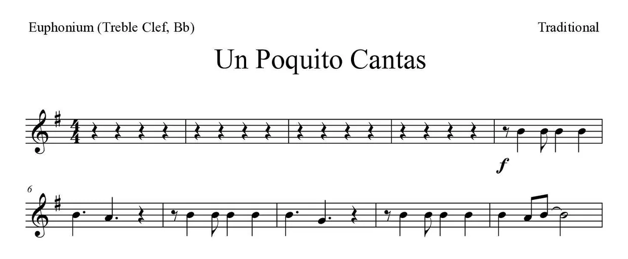 《Un Poquito Cantas》上低音号（高音谱号，降B调）乐谱前几行