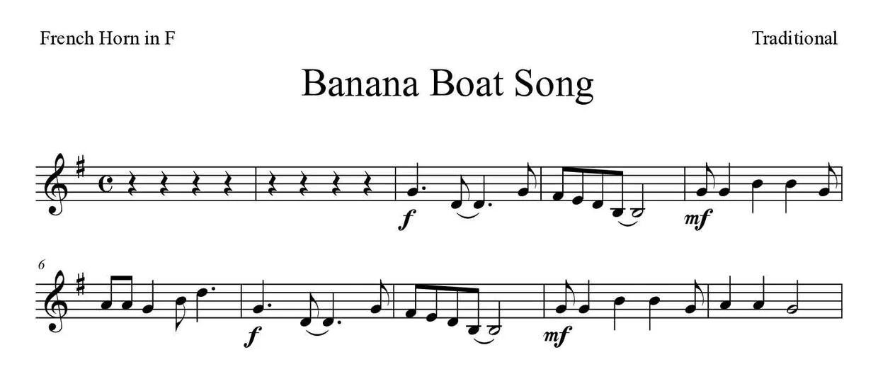 「Banana Boat Song」French Horn用楽譜の最初の数段