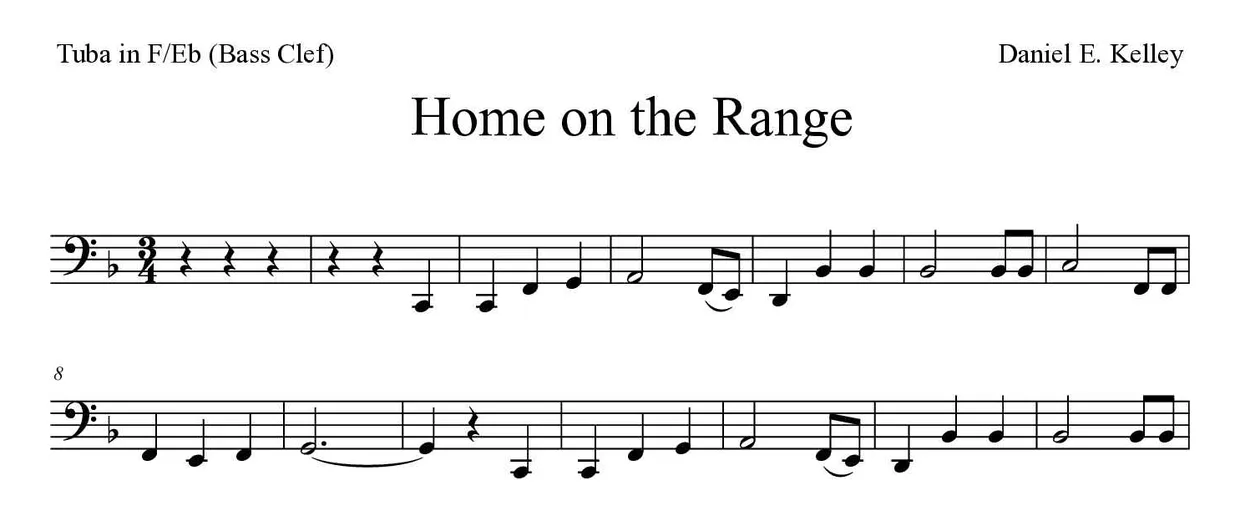 Partition de Home on the Range pour tuba en fa/mi bémol (clé de fa), premières lignes