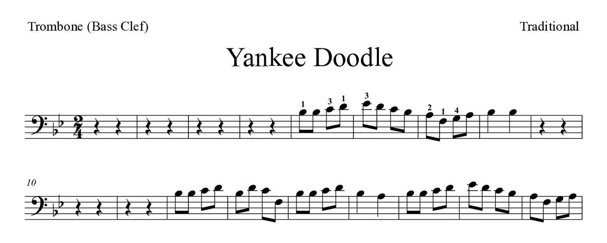 Spartito di Yankee Doodle per trombone, prime righe