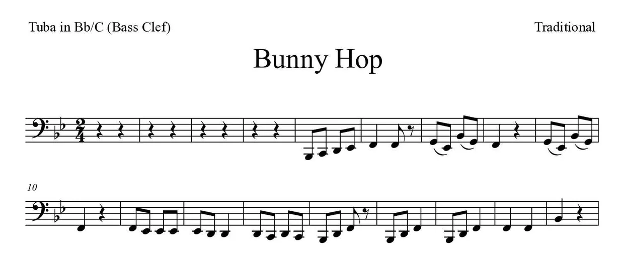 Partition de Bunny Hop pour tuba en si bémol/do (clé de fa), premières lignes