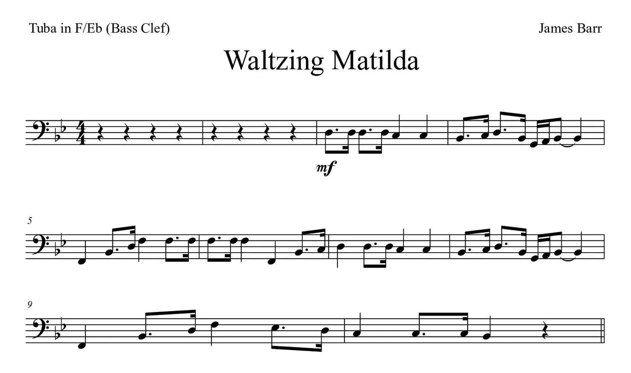 Partitura de Waltzing Matilda para tuba en Fa/Mib (clave de Fa), primeras líneas