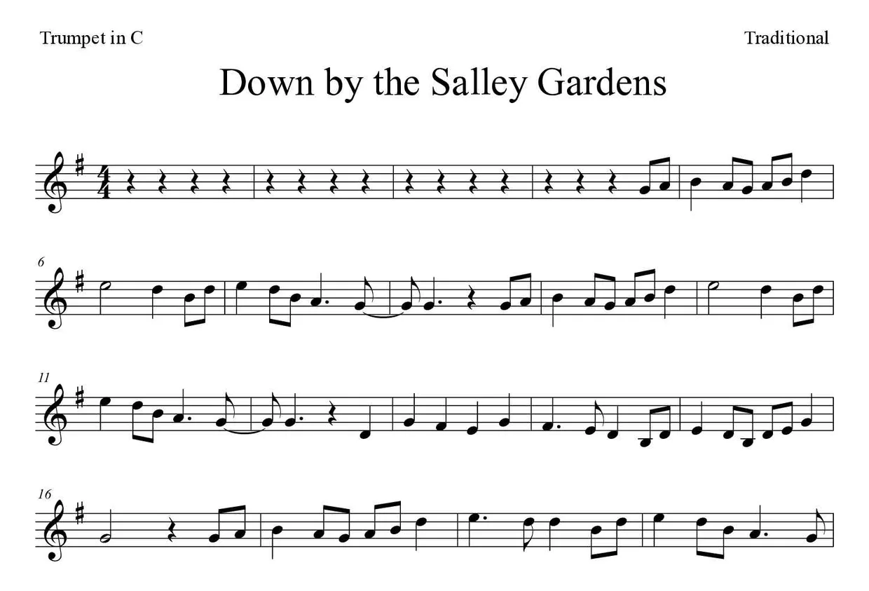Noten von Down by the Salley Gardens für Trompete in C (Schwer), erste Zeilen