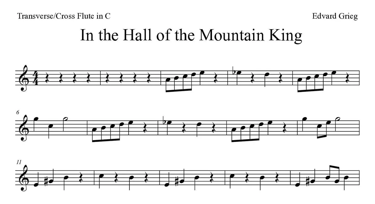 Bladmuziek van In the Hall of the Mountain King voor flute, eerste regels