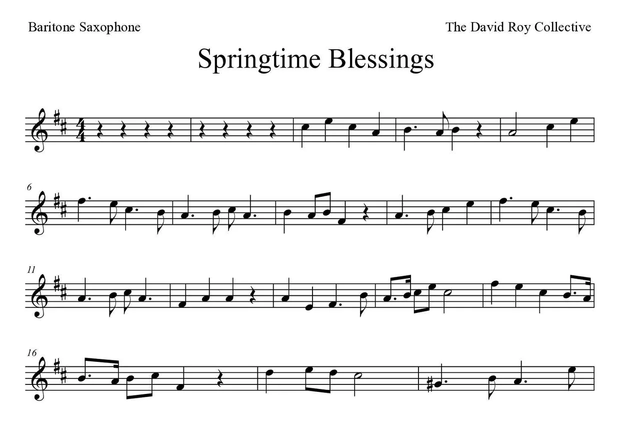 Sheet music of Springtime Blessings for baritone saxophone (Medium), first lines